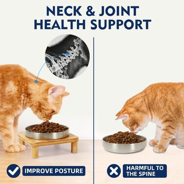 Підвищені миски для котів для дому – Підвищений підставник для мисок з бамбука з нержавіючою мискою 14 см, стільниця для зручного годування, зручні для вусів (сріблясті, 2 шт.)