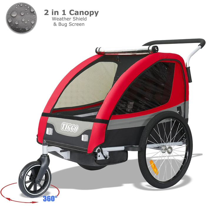 Дитячий причіп Tiggo 2 в 1: причіп-велосипед для прогулянок та катання (червоний)