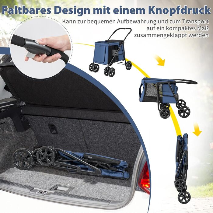 Візок для собак COSTWAY, розкладний, до 40 кг, з подушкою, з сітковими вікнами та верхньою полицею, з 2 дверима та бічними кишенями, для собак та котів (Блакитний)