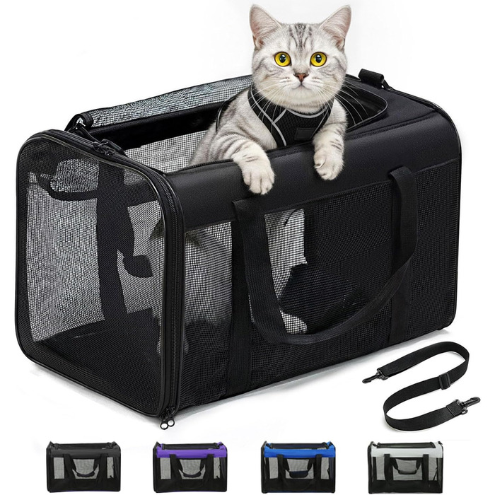 Транспортна переноска для кота Conlun, м'яка переноска з сіткою з 4 сторін, підходить для перевезення в літаку, для кошенят та невеликих котів до 6 кг, чорна, 43x28x28 см