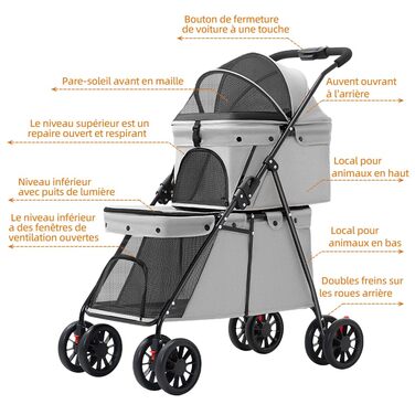 Дитяча коляска для тварин Homewell: 2 поверхи, складна, з корзиною, тримачем для напоїв та шлейкою, вантажопідйомність 25 кг (Чорний)