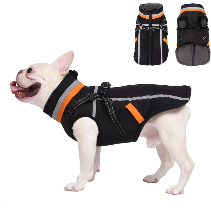 Водонепроникний зимовий теплий накид для собак FeimaX з отвором для шлейки, чорний, S