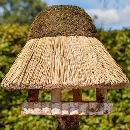 Дерев'яний годівничка для птахів VOSS.garden XL Föhr з очеретяним дахом, натуральна береза, велика кормова платформа 50 см, будиночок для годування птахів