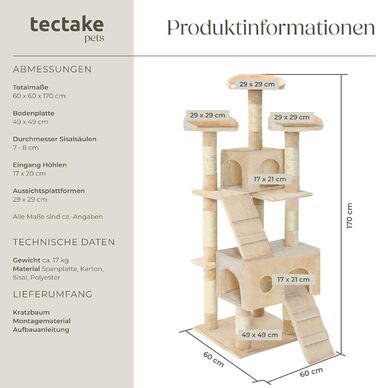 tectake® Великий дряпак для котів, середній котячий комплекс із 3 сизалевими стовпчиками, 3 місцями для відпочинку, будиночком і 2 сходами, для котів і кошенят, бежевий