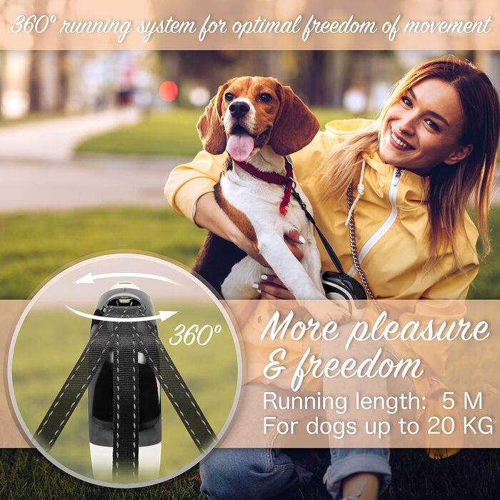 Рулетка для собак до 20 кг Bluzelle з відбиваючими смугами, металевим карабіном, надійним гальмом та зручною ручкою, розмір S