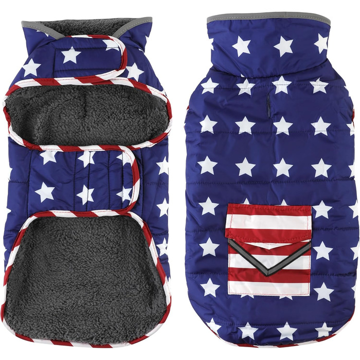Водонепроникна куртка для собак на зиму з кишенею, світловідбиваюча, регульована, тепла флісова підкладка, розміри M, L, для маленьких, середніх та великих собак, з американським прапором