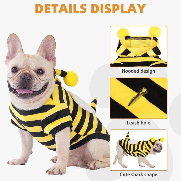 Костюм для собак Kooltail, Бджола, Теплий пуловер з капюшоном, Костюм для домашніх тварин, Cosplay, Тепла куртка з отвором для повідка, Жовта бджола, Розмір Medium