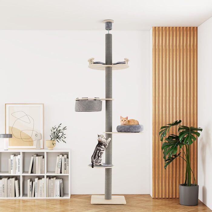 Двоповерховий котячий будиночок COSTWAY з драбиною, 236-271 см, 5-ярусний, з гамаком та платформами, котячий будиночок з плюшем, сірий, з дерева