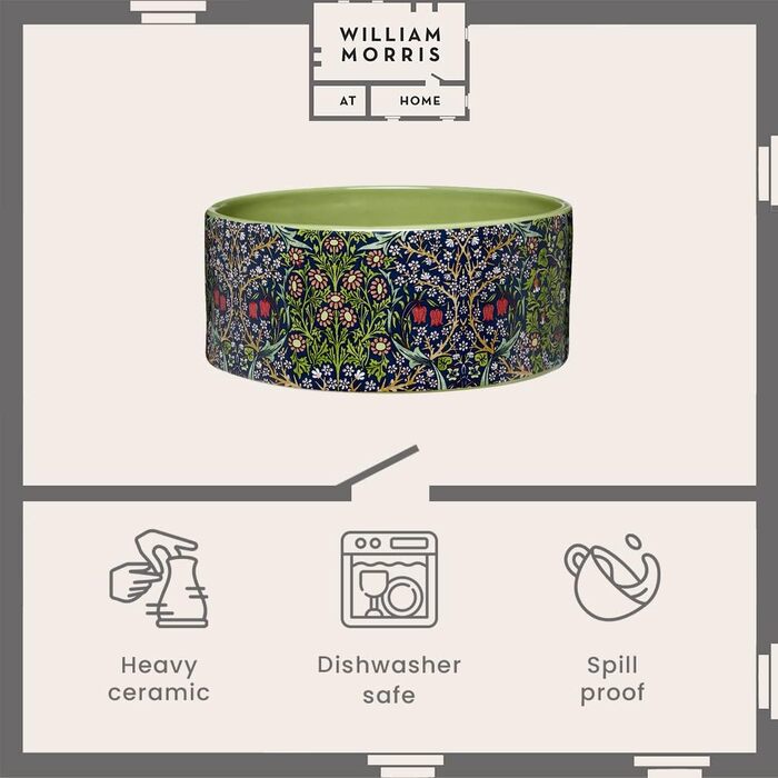 Миска для собак William Morris At Home, керамічна, повільна годівниця, запобігає розливанню, для миття в посудомийній машині, миска для води, чудовий подарунок для дому та любителів собак, розмір: 18,5 x 7,7 см