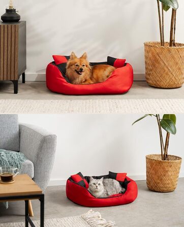 Кілимок-ліжко для собак Lionto 4-в-1 з двостороннім подушкою, 65x50 см, з міцного оксфорду, водовідштовхувальний, для котів та собак всіх розмірів, з глибоким входом, з декоративною подушкою, червоний/чорний