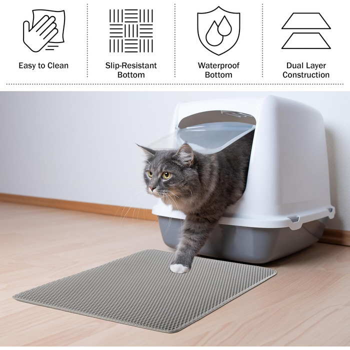 Килимок для котячого туалету PETMAKER, водонепроникний, 61x38 см, сіра двошарова волога килимок з візерунком стільники, нековзкий, для збору наповнювача