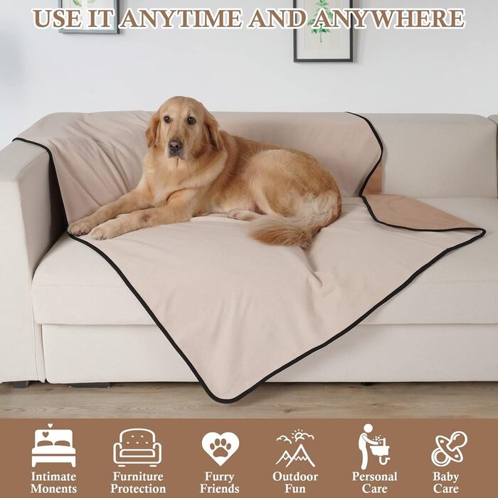 Водонепроникний коврик для собак PETTOM 152x127 см, м'який коврик для великих та маленьких собак, захисний коврик для дивана, ліжка, автокрісла, меблів - прання до 30°C (L, пісочний)