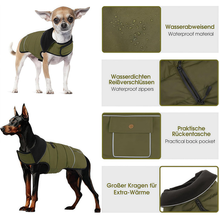 Зимовий теплий водонепроникний одяг для собак, куртка для активного відпочинку, розмір M (обхват грудей 53 см), колір зелений