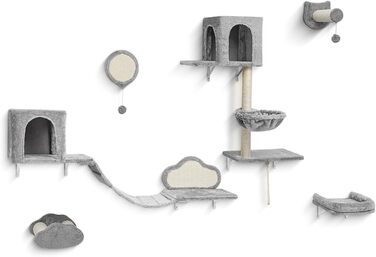 Комплекс для котів BYBYME з гамаком, ліжком та високими полицями, 6 предметів. Міцний, з плюшем, сизалевим покриттям та крізьовим покриттям. Для кількох котів. (Світло-сірий)