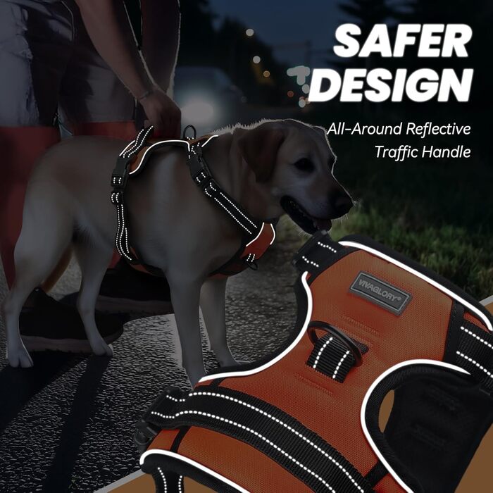 Нашийник для собак VIVAGLORY Easefit, протирвучий, з ручкою, для тренувань та прогулянок, м'який, антирвучий, захист від вислизання, розмір M, (Помаранчевий, XL(76-99см обхват грудної клітки))