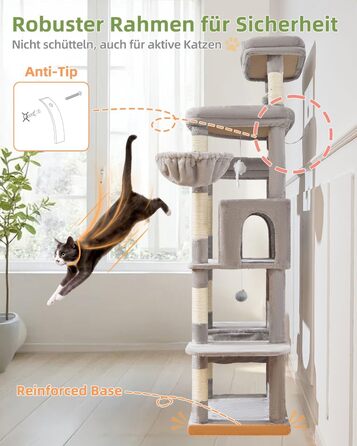 Когтеточка для котів Taoqimiao 180 см XXL, великий котячий комплекс для Maine Coon з будиночком, гамаком, платформами та 9 стійками (світло-сірий)