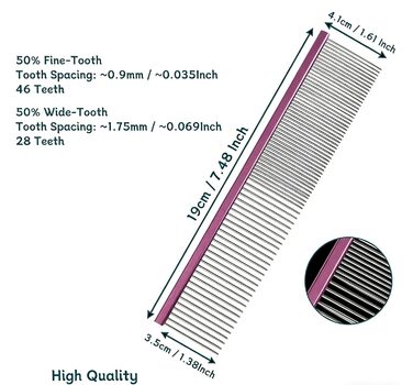 Гребінець для догляду за домашніми тваринами для видалення намотаного хутра, запобігає ковтунам та сплутаностям, довгі зуби, коротке хутро (Колір2), довжина - 19 см