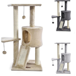 Дряпалка для котів PATAM з натурального сизалю, з котячою печерою та рампою, посилена основа, легка збірка - висота 83,5 см, іграшки Беж (Беж)