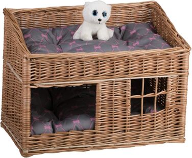 Двоярусна котяча хатинка з ротангу сірого кольору з подушкою та вікном | e-wicker24