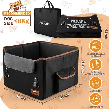 Автокрісло для собак Angooni: зручний бустер для маленьких та середніх собак з кишеньками для зберігання, м'яке плюшеве ліжко для переднього та заднього сидіння (чорне)
