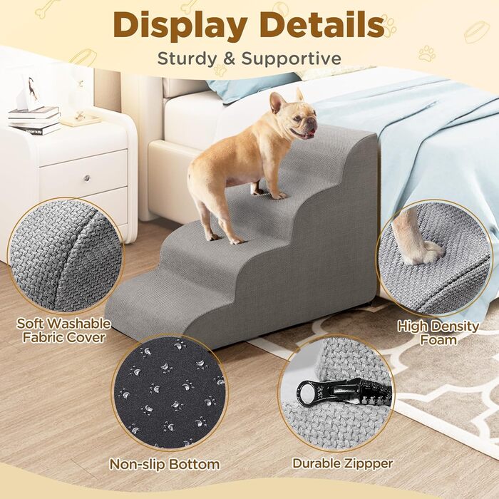 Сходинки для собак Gimars: широкі, міцні, з антиковзким покриттям, для малих та середніх собак, 4 сходинки, сірий колір, знімний чохол