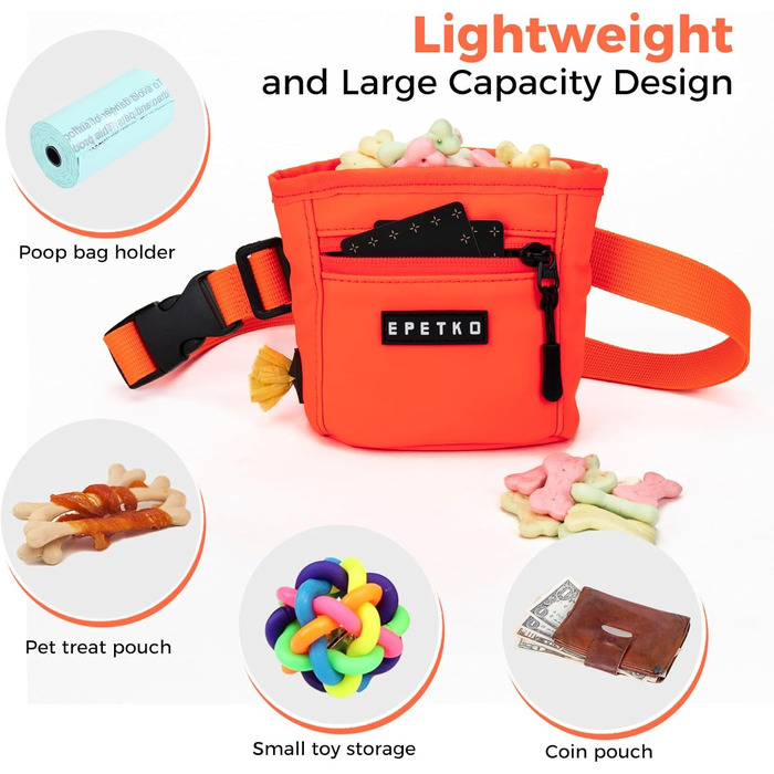 Сумка для ласощів для собак з металевим кліпом на пояс, міцна застібка-магніт, велика місткість, диспенсер для пакетів для вигулу (Помаранчевий)