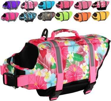 Жилет для плавання собак Doglay, світловідбиваючий, регульований, для малих, середніх та великих собак (Large, Рожевий з квіткою, 1)