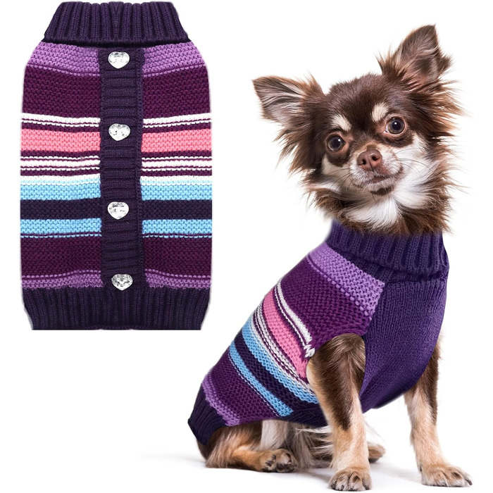 Пуловер для собак у смужку, теплий в'язаний пуловер з коміром-горловиною, теплий та м'який одяг для собак маленьких та середніх порід (L, фіолетовий у смужку)