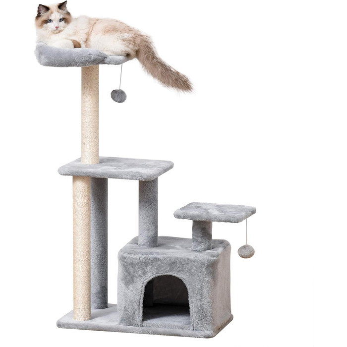Кігтеточка PawHut для котів, 114 см, з сизалевими стовпами, 3 платформи, будиночок для котів, 2 підвісні м'ячики, сірий