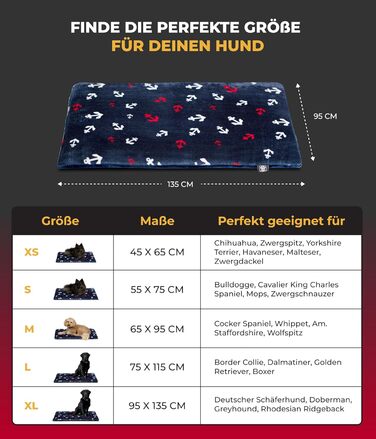 Лежак для собак HS-Hundebett XL 95x135 см, двосторонній, з наповнювачем 3 см, для дивана, авто, переноски, анкер синій, зроблено в Німеччині