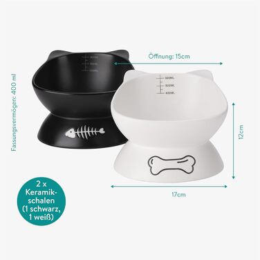 Набір мисок для котів Navaris: 2 миски по 400 мл з позначеннями об'єму, піднята годівниця, кераміка, стильний дизайн