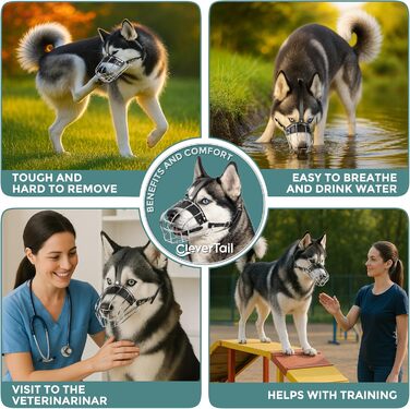 Металева маска-намордник для собак CleverTail Husky Maulkorb - надійний захист від укусів та агресії для великих та середніх собак. З регульованими шкіряними ремінцями та сталевим каркасом.