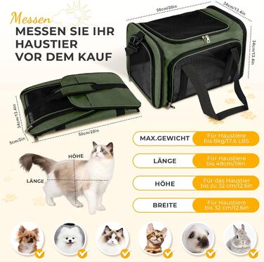 Транспортна сумка для кота/собаки до 5 кг, складана, з плечовим ременем, 50 x 34 x 34 см, зелена
