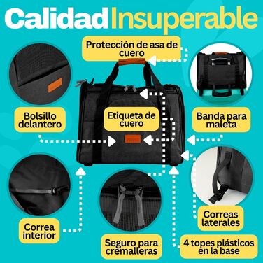 Транспортна переноска для собак та котів PEPPER, 46x35x31 см, з поїльником, подушкою та мискою для води | Переноска для тварин з вентиляцією 360° | Чорна переноска для кота та собаки