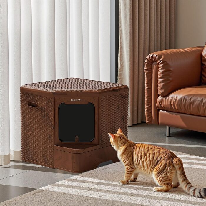 Торгова лоток для котів Gardner Pet з кришкою, великий, з висувним піддоном, сучасний дизайн плетіння ротангу, з фільтром з активованого вугілля, 50 x 50 x 50 см, базова версія