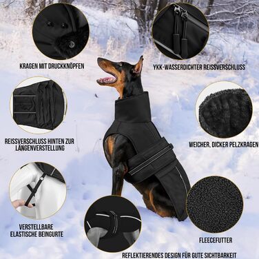 Водонепроникний собачий одяг OneTigris STORMWALL для великих собак, чорний, з флісовою підкладкою та регульованою довжиною, з відбиваючими елементами та коміром з хутра, для прогулянок на природі, розмір L (27-41 кг)