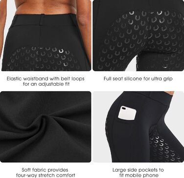 Легінси для верхової їзди жіночі FitsT4 Sports з силіконовим покриттям, кишенею для телефону та петлями для ременя, чорні, XL