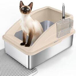 FURTIME Лоток для котів з нержавіючої сталі XXL, 28 л, велика місткість, проти протікань, з металевою лопаткою, 60x40x31 см, сріблястий