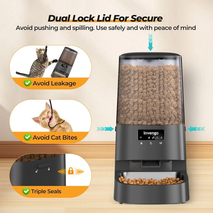 Автоматичний годівниця для котів та дрібних собак з керуванням через додаток, 5л, Wi-Fi, програмування порцій, антизастрягання, миска з нержавіючої сталі