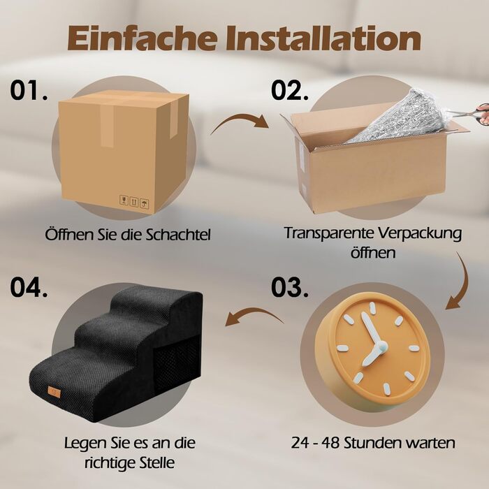 Сходинка для собак Eukue 3 сходинки, для маленьких собак та котів, портативна рампочка для ліжка та дивану, з високощільним шаром піни та чохлом, чорного кольору