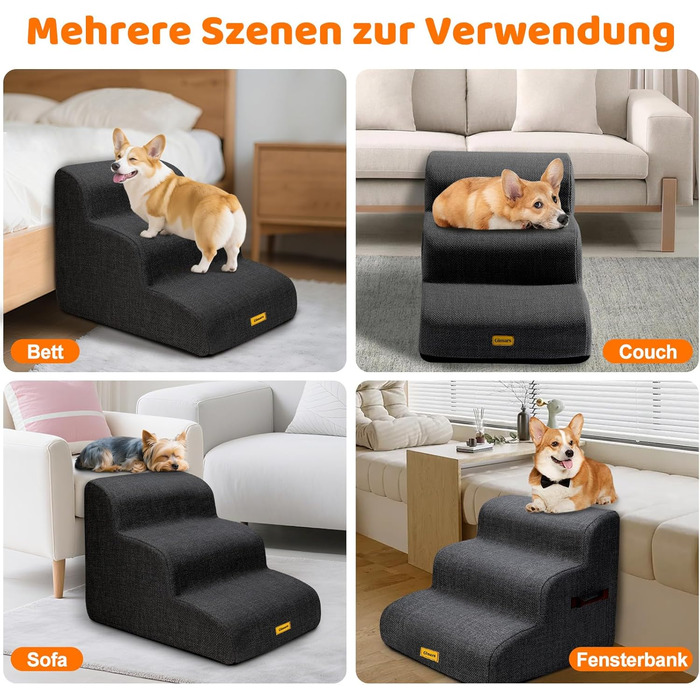 Сходинка для собак Gimars з 3 ступенями, 40 см, з високощільним пінополіуретаном, широка та стійка, знімний та пральний чохол, неслизьке дно, портативна рамка для маленьких собак до дивану, ліжка, авто, чорна