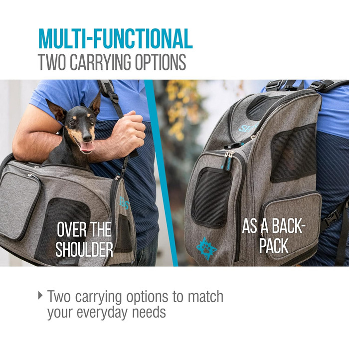 Рюкзак-переноска для тварин Sherpa 2-в-1, сірий, розмір M (43x27x28 см), дозволений авіакомпаніями, машинного прання, з сітчастим вікном, безпечними замками, легким каркасом