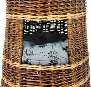 Корзина для котів для сну – котяча хатинка для дому – розмір 43 x 49 x 70 см, кругла – котяча печера з лози, трирівневе ліжко для собак або котів з пральним подушками в бежевому кольорі – лакована корзина (подушка світло-сіра)