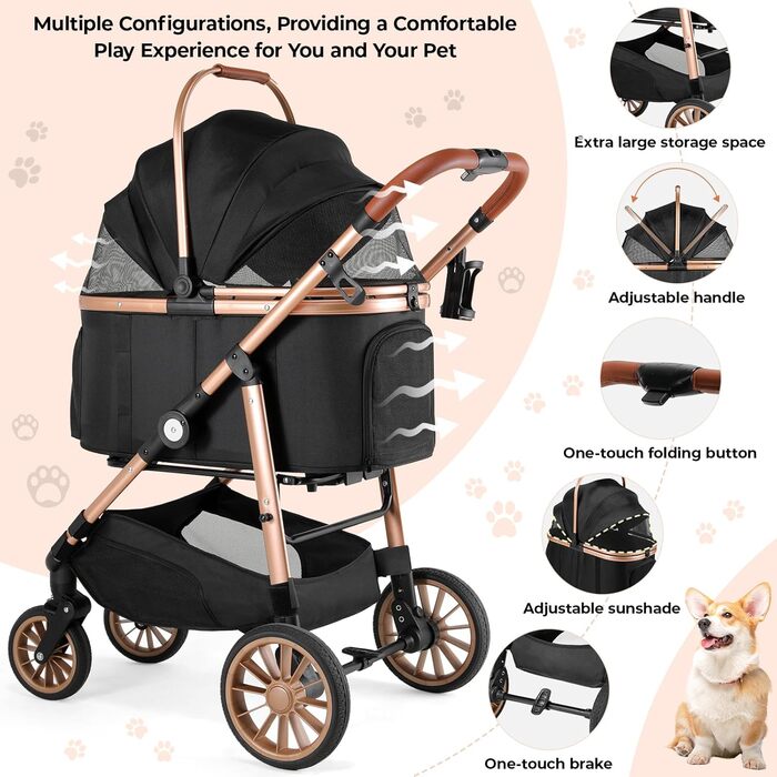 Візок для собак Mamizо 4-в-1, до 25 кг, з амортизаторами, складний, чорний