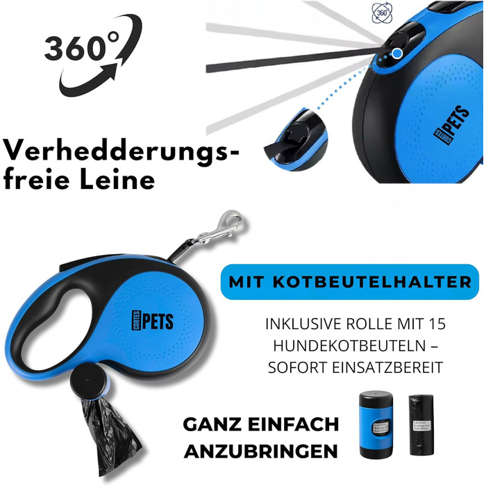 Висувна поводок для собак CORTESPETS® 5м, до 50 кг, блакитний | Високоякісний рулонний поводок