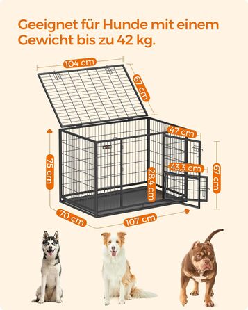 Клітка для тварин Feandrea, міцна, переносна, 107 x 70 x 75 см, для великих тварин, з 2 дверцятами, XL, чорна