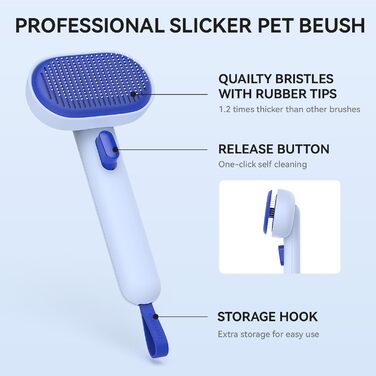 Щітка для котів Aumuca з кнопкою випуску шерсті, довговічна, для короткої та довгої шерсті, видаляє відмерле волосся та масажує (Блакитна)