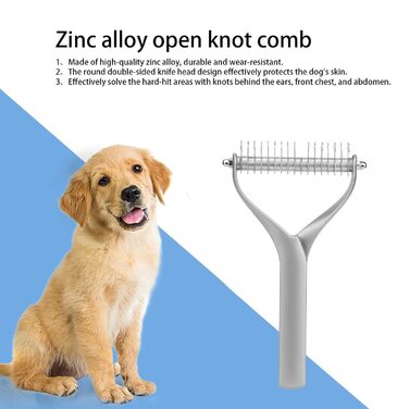 Інструмент для догляду за шерстю: двосторонній гребінець для підшерстка, щітка для цуценят та котів, гребінець з гострими зубцями для видалення ковтунів та відмерлого хутра (сріблястий)