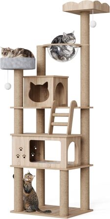 Дерев'яна кігтеточка Mondeer для кімнат з двома будиночками для котів, контейнером для наповнювача, прозорою капсулою, знімними плюшевими подушками, розмір 60x50x184 см, дуб