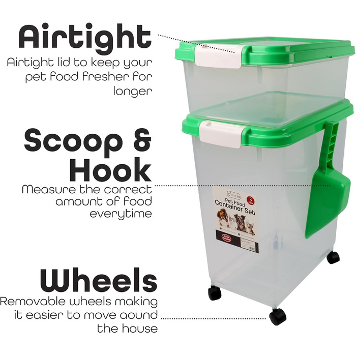 DIVCHI Контейнер для зберігання корму для тварин, 3 шт. з мірною ложкою, для собак, котів, корму, з роликами, зелений